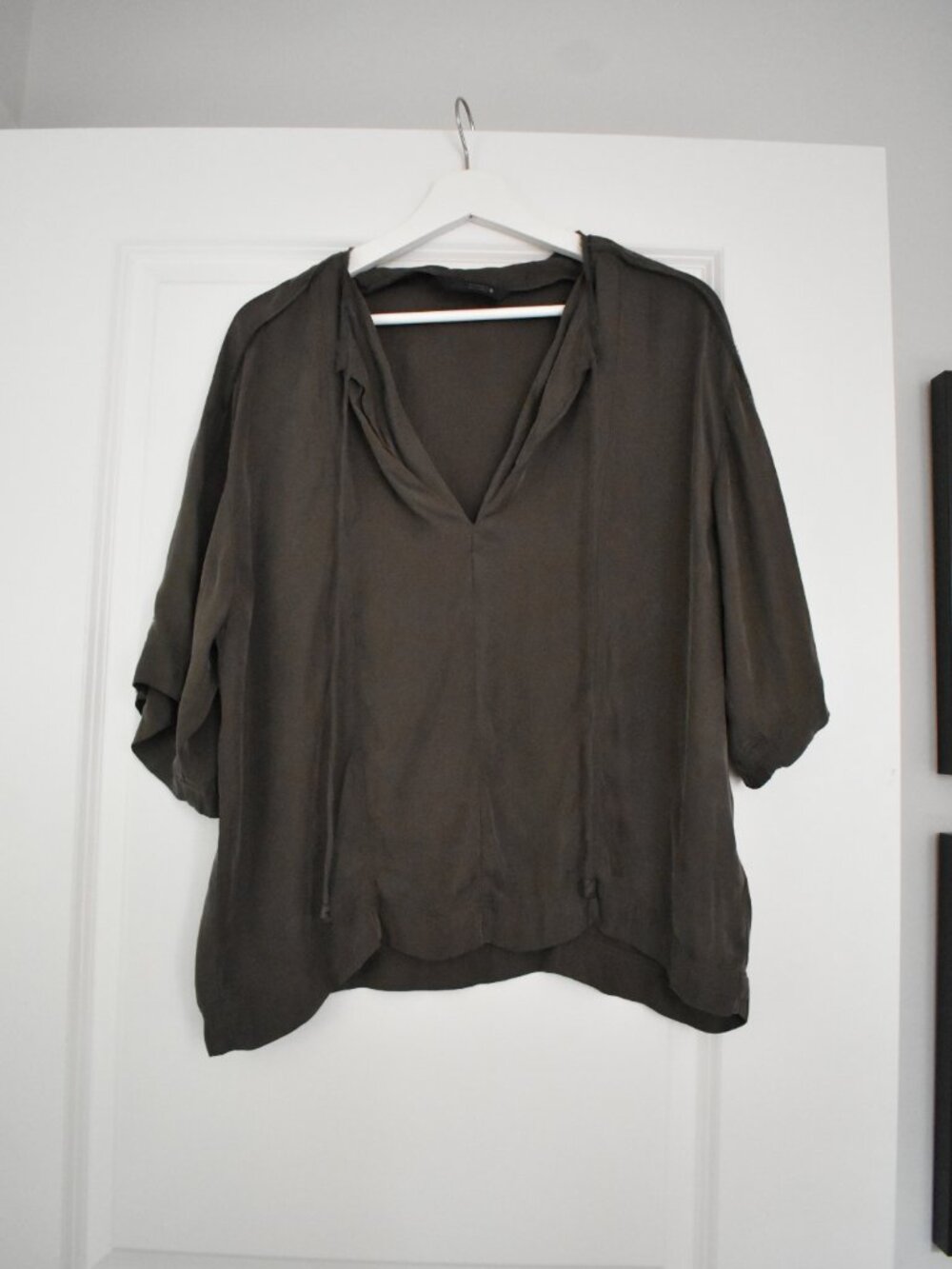 Zara ZW Collection Gray Cupro Flowy Tie Blouse